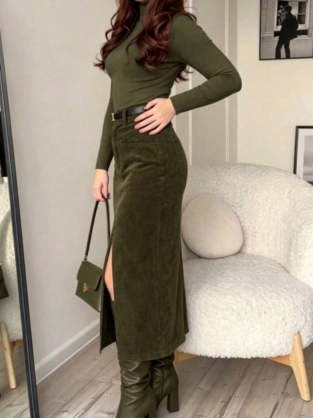 Army Green Elegant Women's Corduroy High Waist Front Slit Skirt